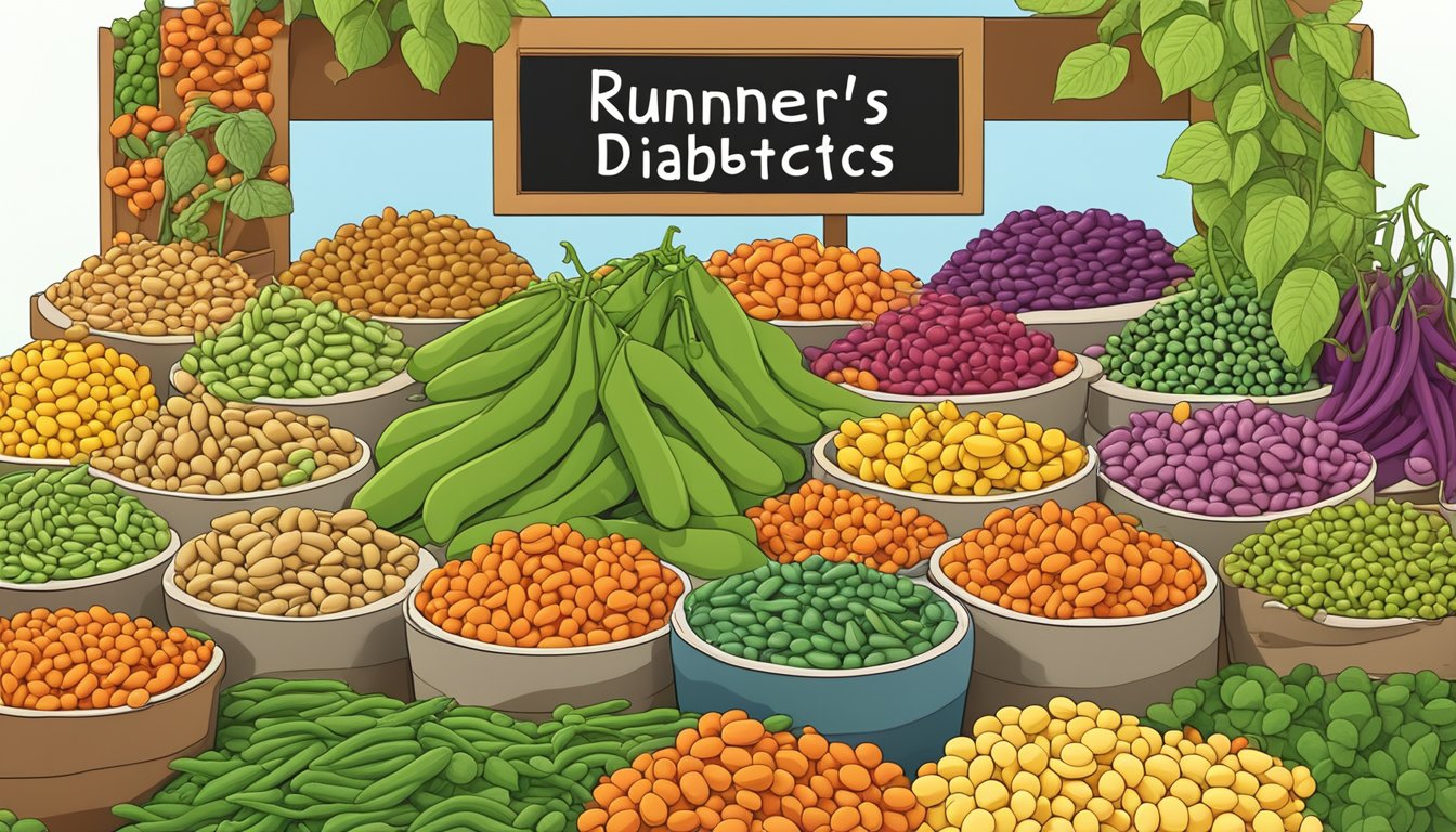 A colorful array of legumes, including runner beans, arranged in a vibrant display, with a sign questioning their suitability for diabetics