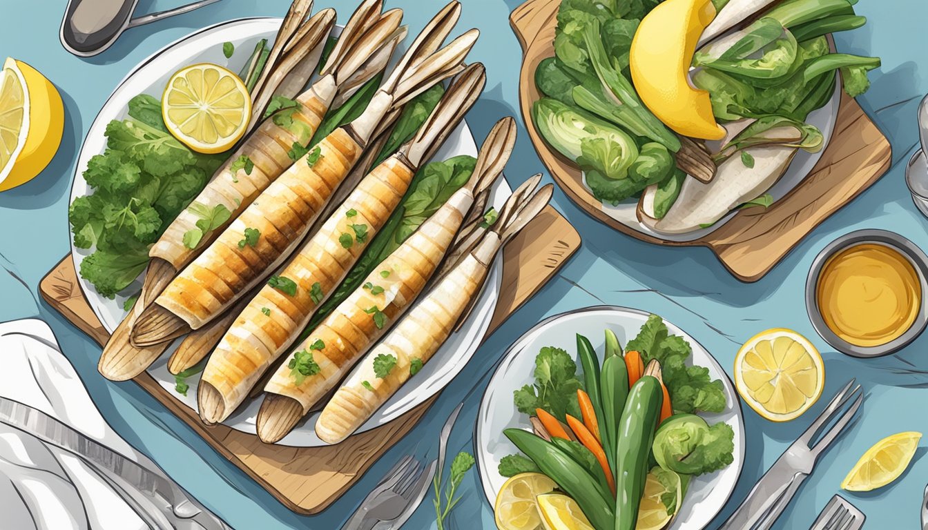 A diabetic person happily eating grilled razor clams with a variety of fresh vegetables and a lemon wedge on the side