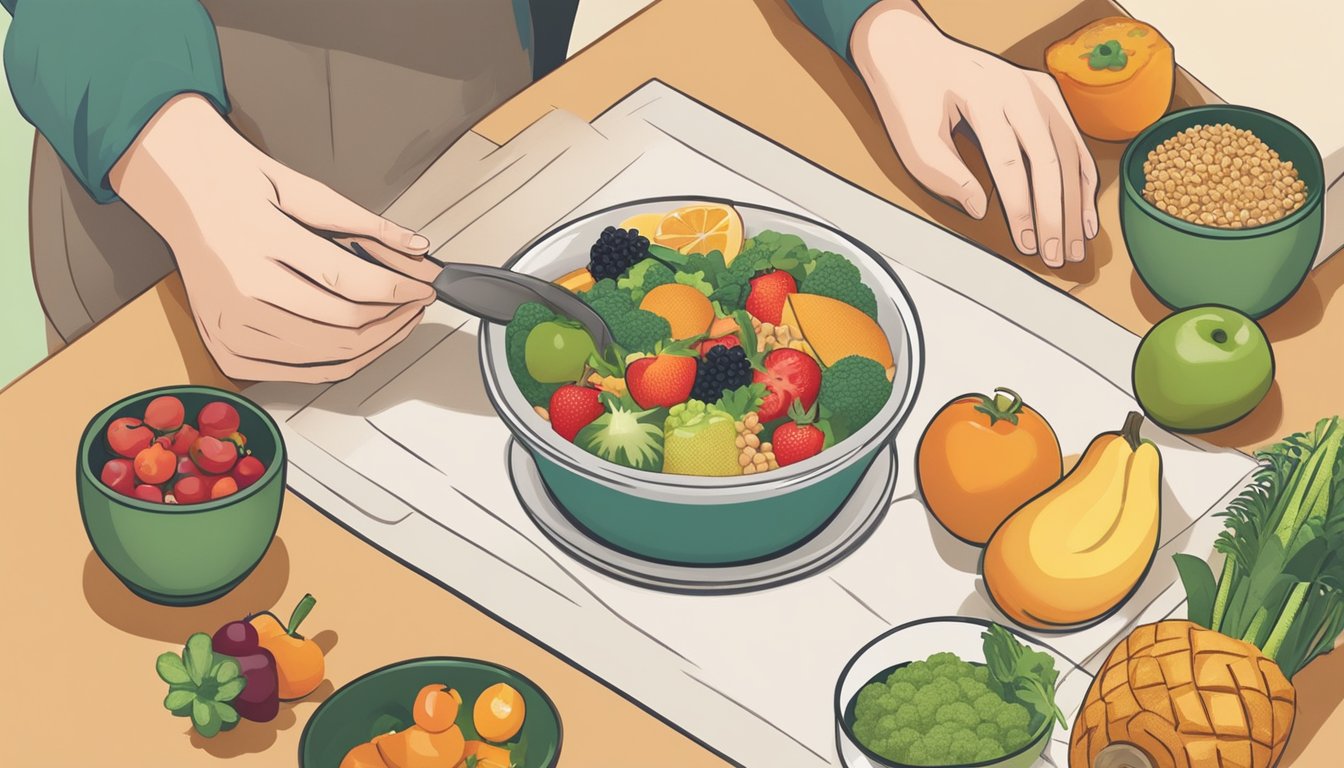 A diabetic person adding rapadura to a balanced meal plan, with various fruits, vegetables, and whole grains on a table