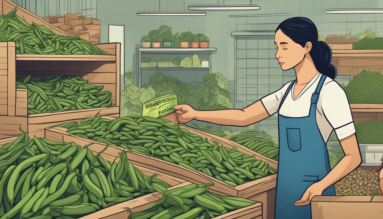 A diabetic cautiously examining a pile of runner beans, with a concerned expression and a nutrition label in hand