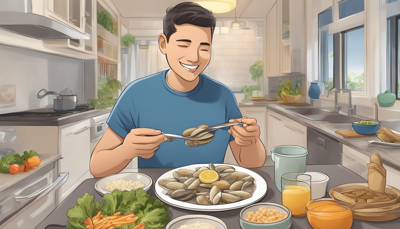 A diabetic person happily eating a plate of cooked razor clams with a variety of healthy foods in the background