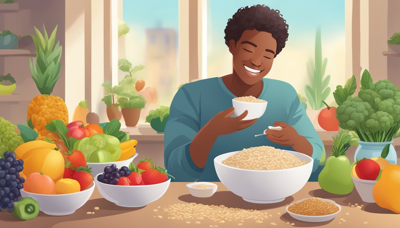 A person with diabetes happily enjoying a bowl of oatmeal sweetened with rapadura, surrounded by fresh fruits and vegetables