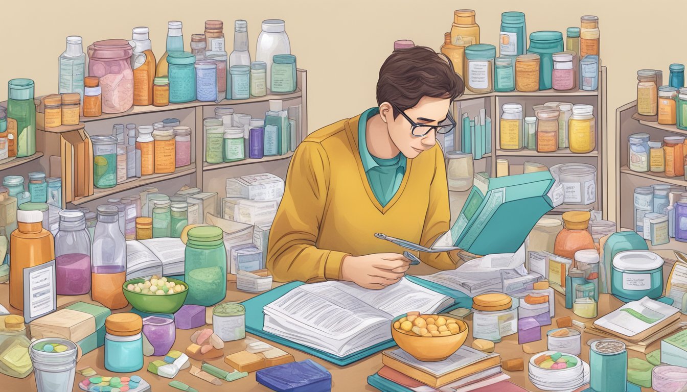 A diabetic person researching saccharin's safety, surrounded by various sugar substitutes and medical literature