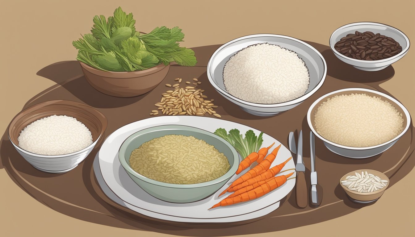 A table with bowls of different rice varieties - white, brown, and red - alongside a blood glucose monitor and a plate of vegetables