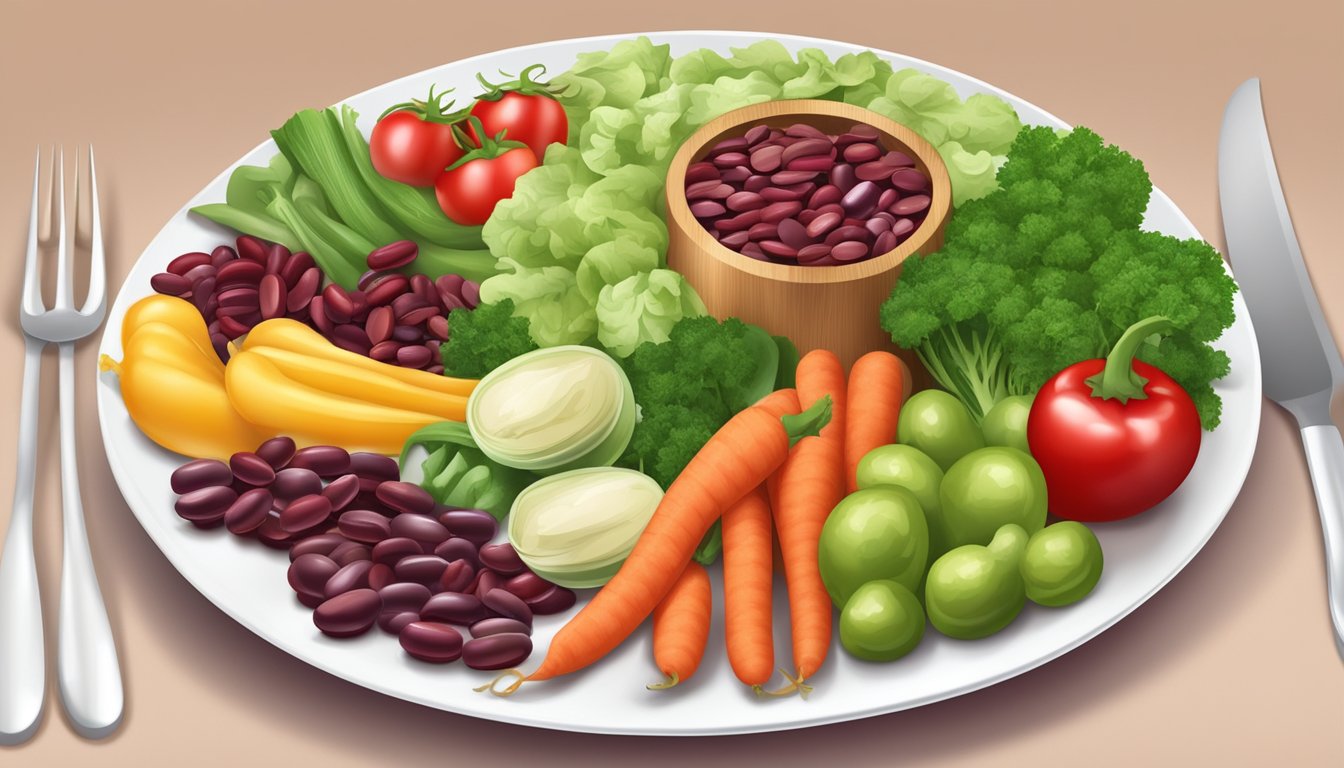 A colorful plate with red kidney beans, vegetables, and a measuring tape, symbolizing health and nutrition for diabetics