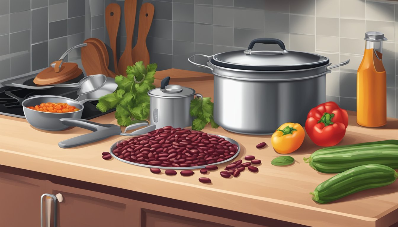 A kitchen counter with a pot of red kidney beans, a can opener, a cutting board with chopped vegetables, and a stove with a pot simmering