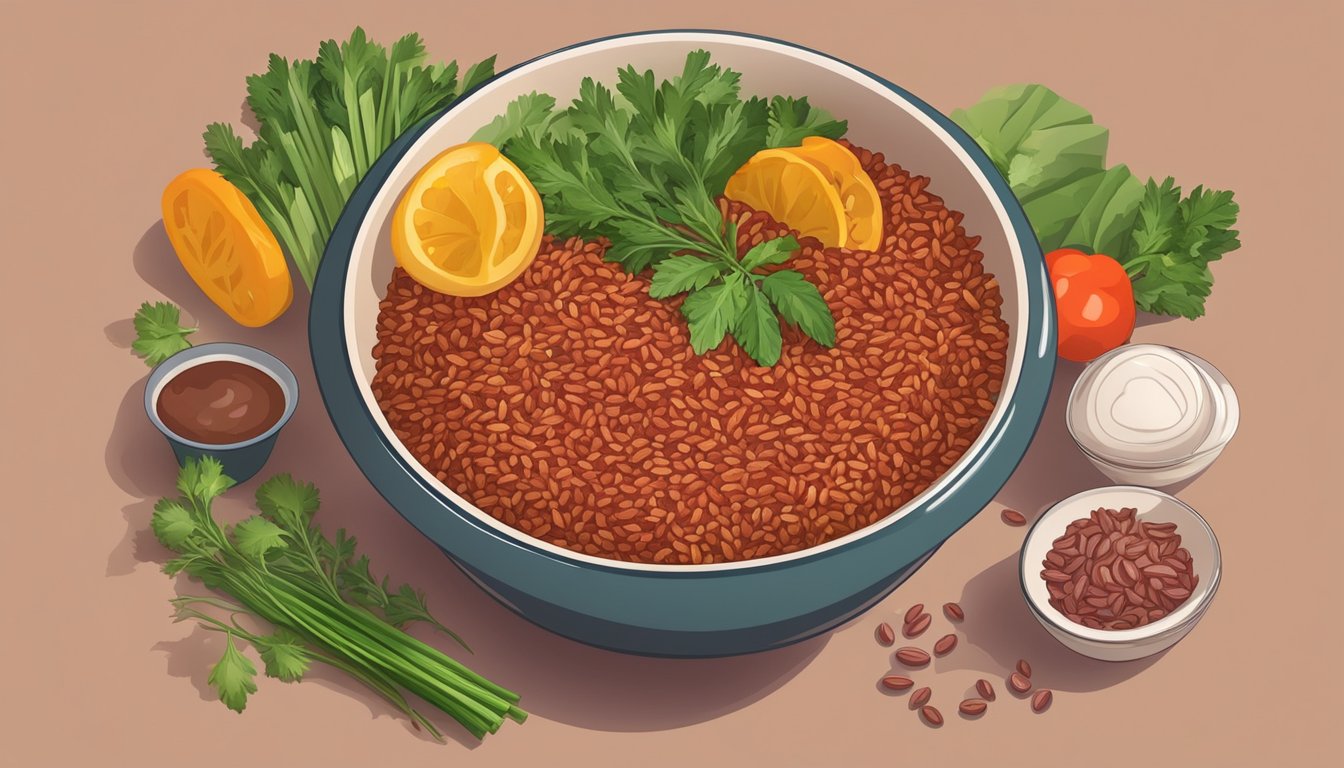 A colorful bowl of cooked red rice surrounded by various fresh vegetables and herbs, with a measuring cup of red rice on the side