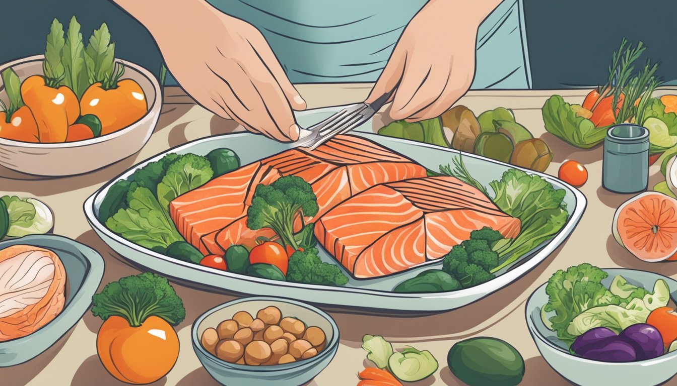 A person with diabetes preparing a meal with salmon and a variety of vegetables, carefully considering their dietary needs