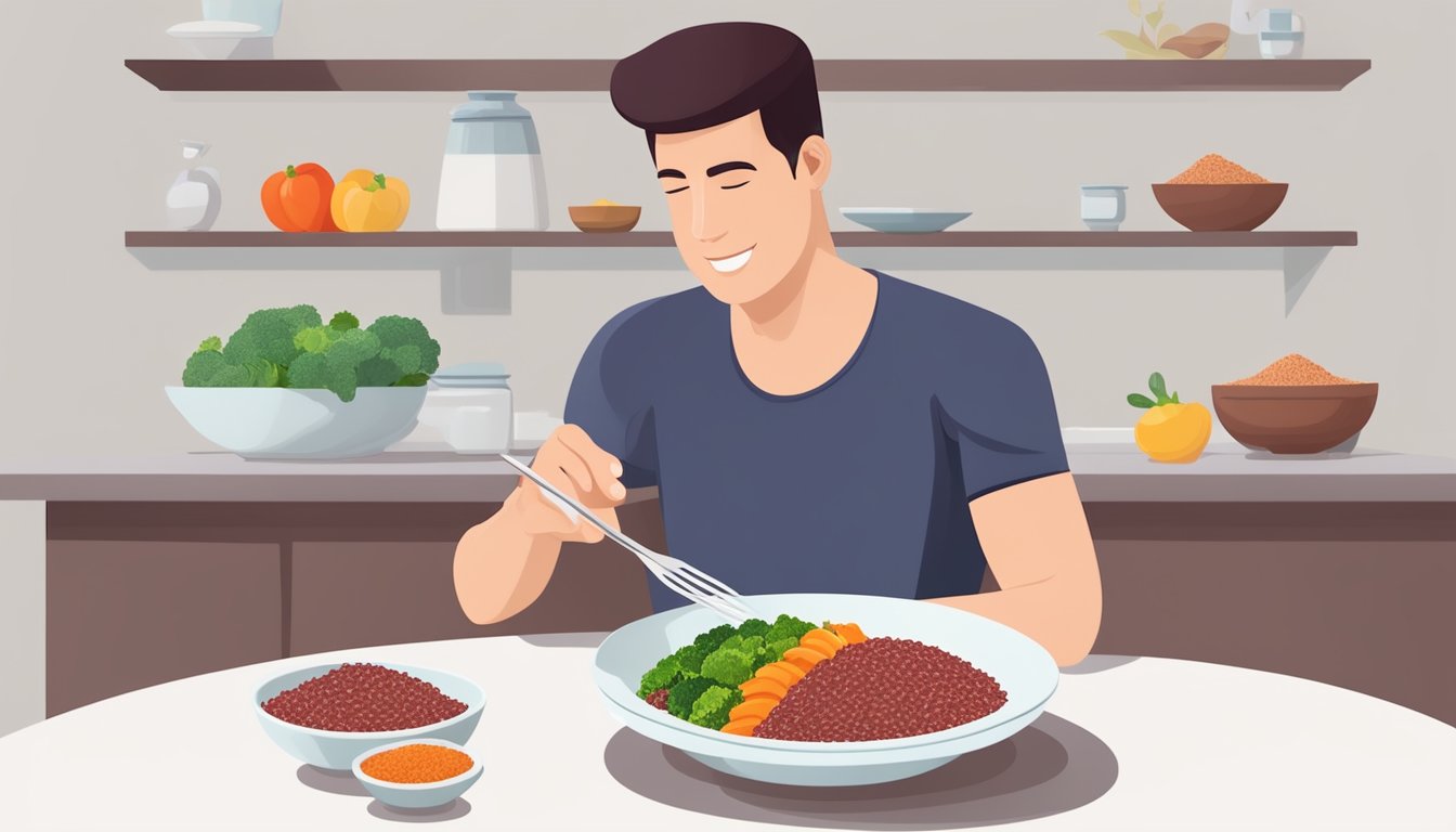 A diabetic person enjoying a bowl of red rice with a variety of colorful vegetables and lean protein on a white plate