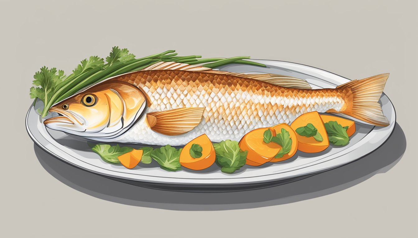 A plate of redfish, vegetables, and a measuring tape