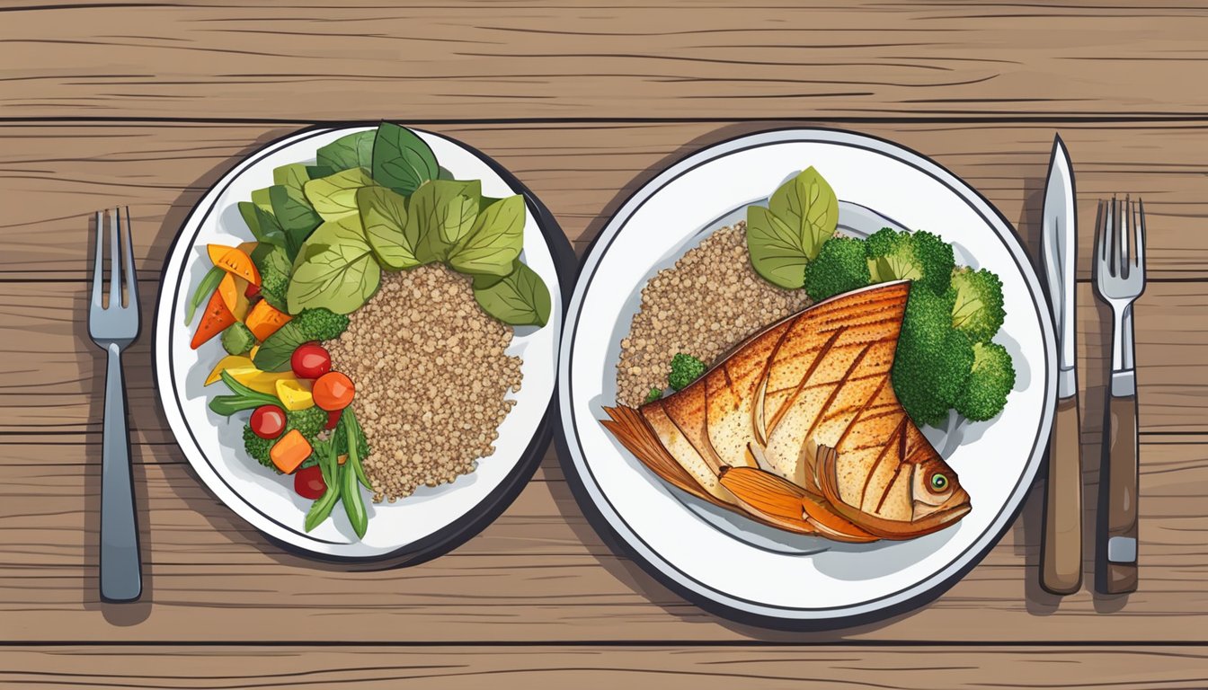 A plate of grilled redfish with colorful vegetables and a side of quinoa, set on a rustic wooden table. A diabetes-friendly meal rich in omega-3 fatty acids and protein