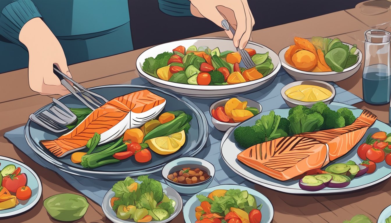 A person with diabetes preparing and enjoying a meal of grilled salmon with a variety of colorful vegetables on a plate