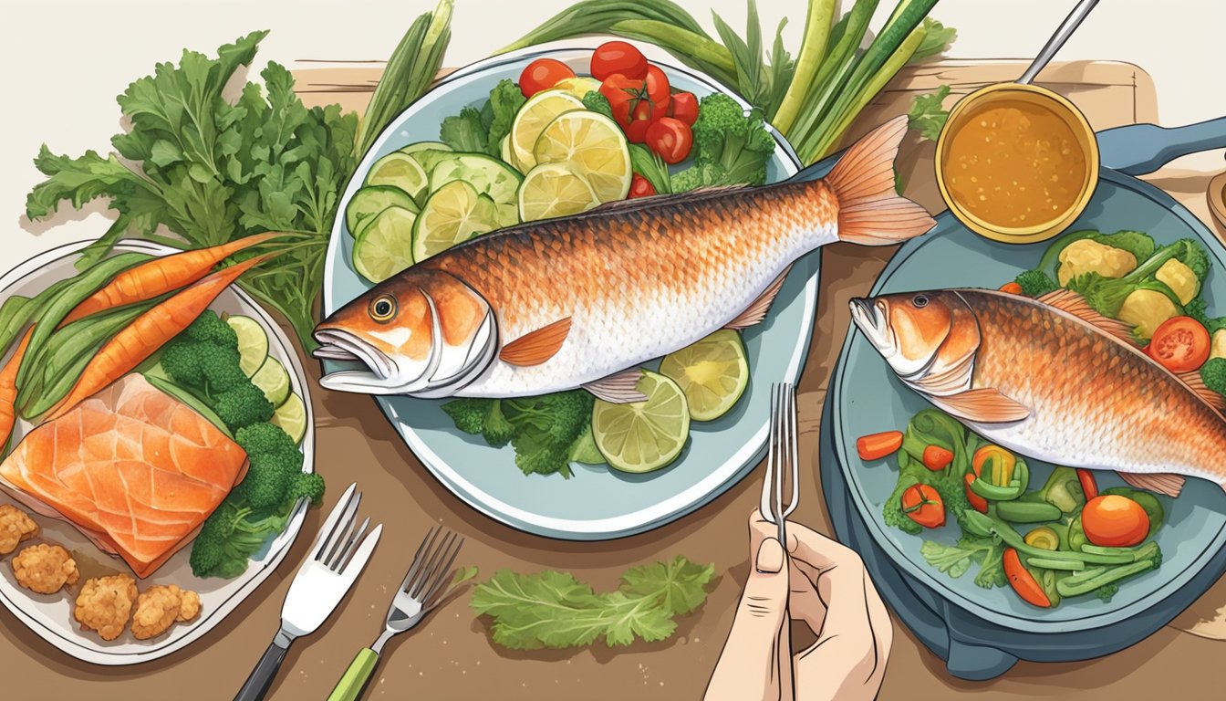 A diabetic person happily eating a cooked redfish with a variety of fresh vegetables on their plate, while following safe fish consumption practices