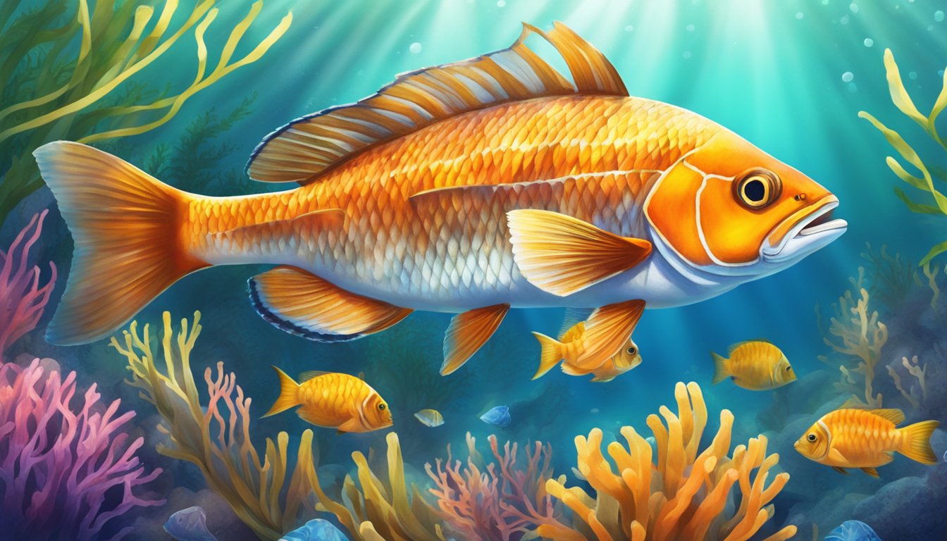 A colorful redfish swimming among a variety of vibrant underwater plants and coral, with sunlight filtering through the water above