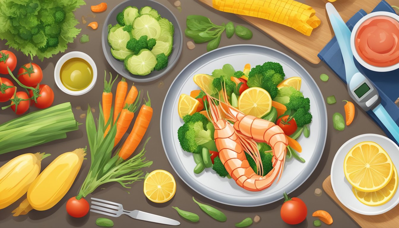 A plate of scampi surrounded by colorful vegetables, a measuring tape, and a blood glucose monitor