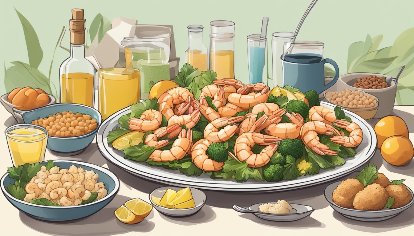 A plate of cooked scampi surrounded by various diabetes-friendly foods