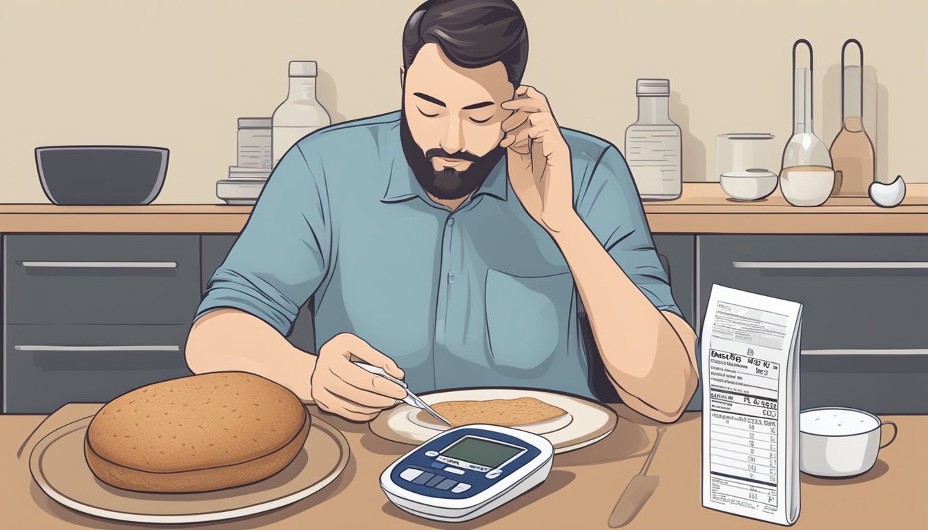 A diabetic person sitting at a table with a plate of rye bread, a nutrition label, and a blood glucose meter