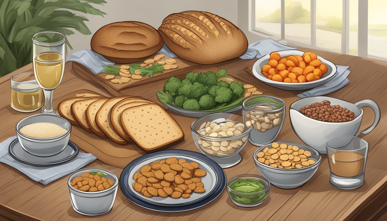 A table set with a variety of rye-based foods, including bread, crackers, and cereal, alongside a plate of fresh vegetables and a glass of water