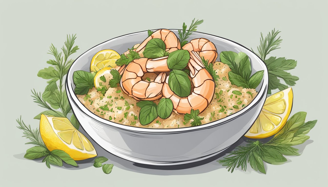 A bowl of scampi made with alternative diabetic-friendly ingredients, surrounded by fresh herbs and lemon slices