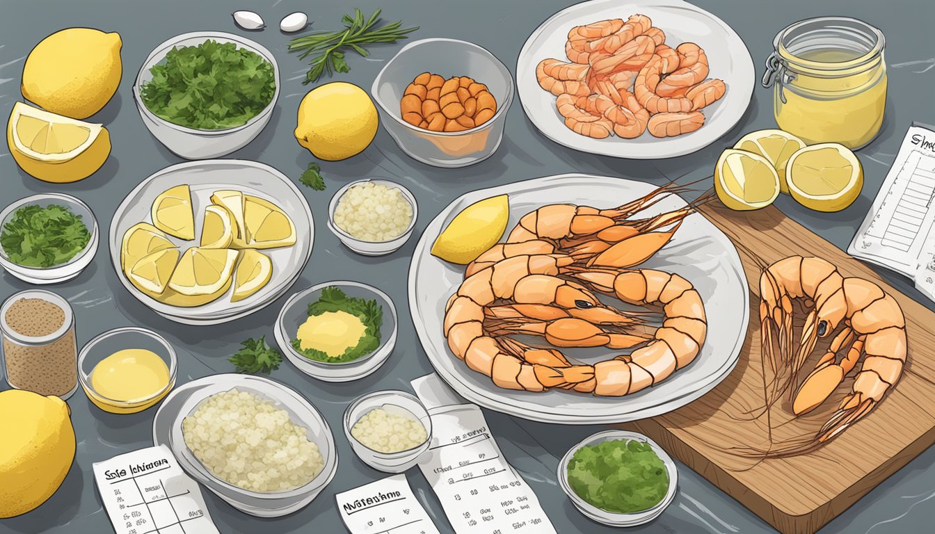 A table with a variety of scampi ingredients spread out, including shrimp, garlic, butter, and lemon, with a nutrition analysis chart displayed next to them