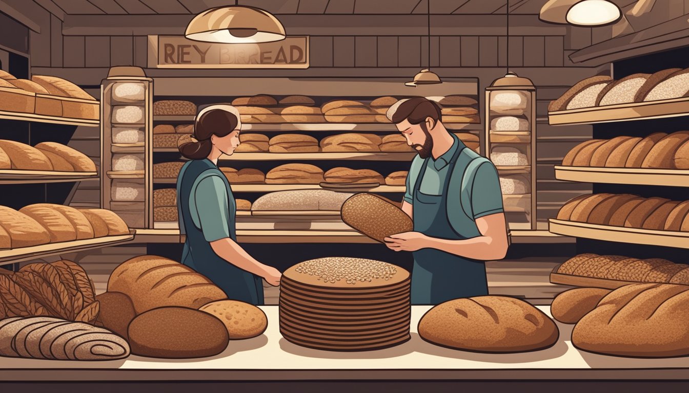 A person browsing through different types of rye bread at a bakery, carefully examining the labels for nutritional information