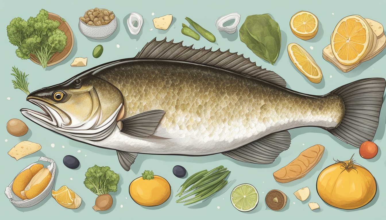 A sablefish with a nutritional label, surrounded by various diabetes-friendly foods