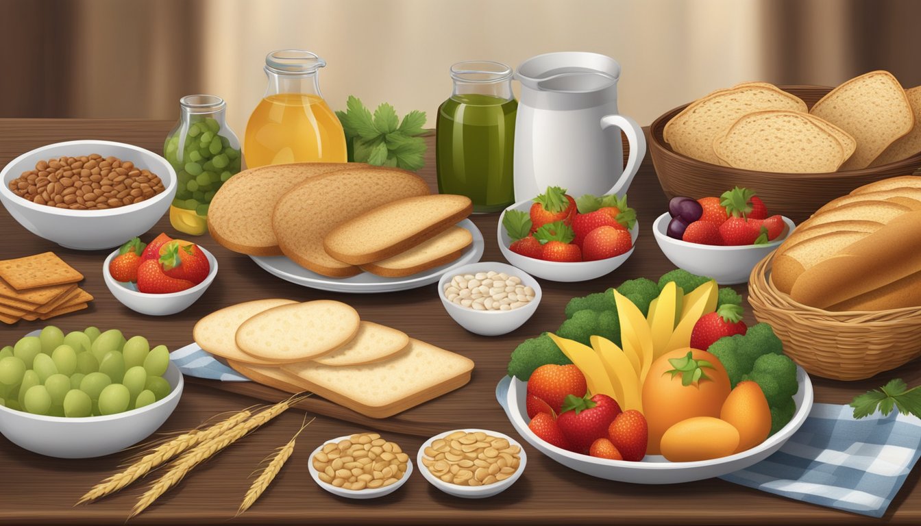 A table set with a variety of rye-based foods, such as bread, crackers, and cereal, alongside fresh fruits and vegetables