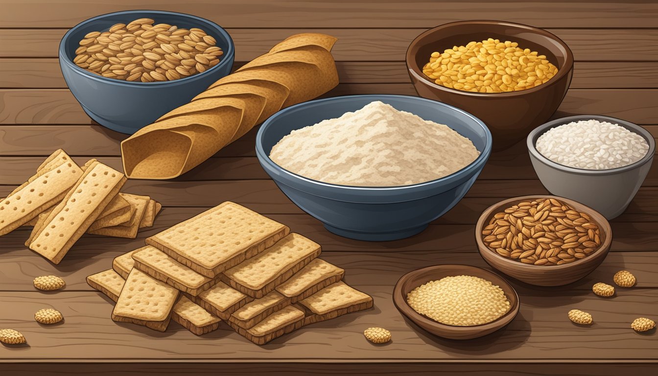 A variety of rye products - flour, crackers, and cereal - displayed on a wooden table