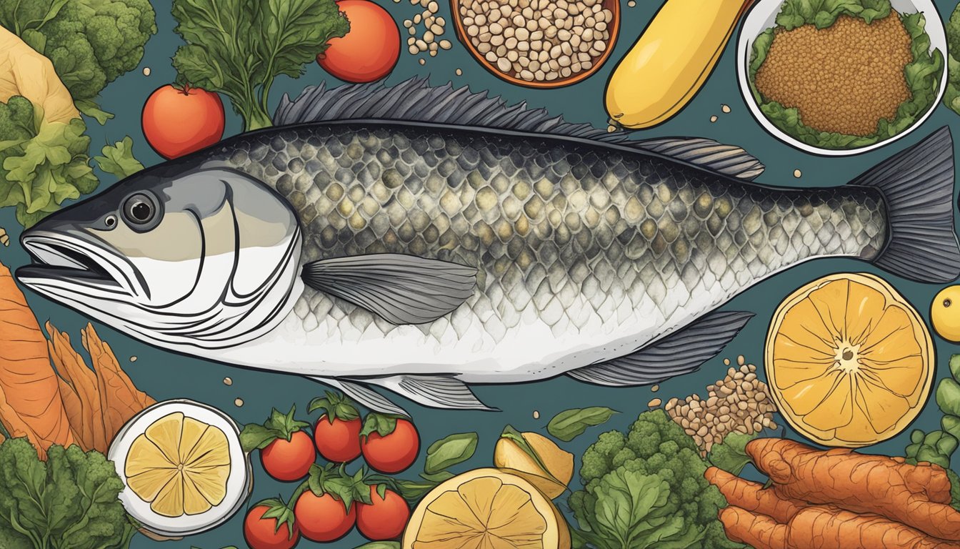 A sablefish surrounded by a variety of foods, including fruits, vegetables, and grains, with a question mark hovering above it