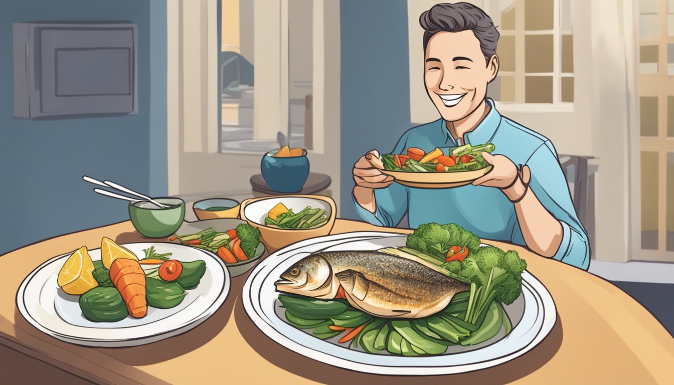 A person with diabetes happily eating a grilled sea bass with a side of steamed vegetables, showcasing a balanced and healthy meal choice for diabetics