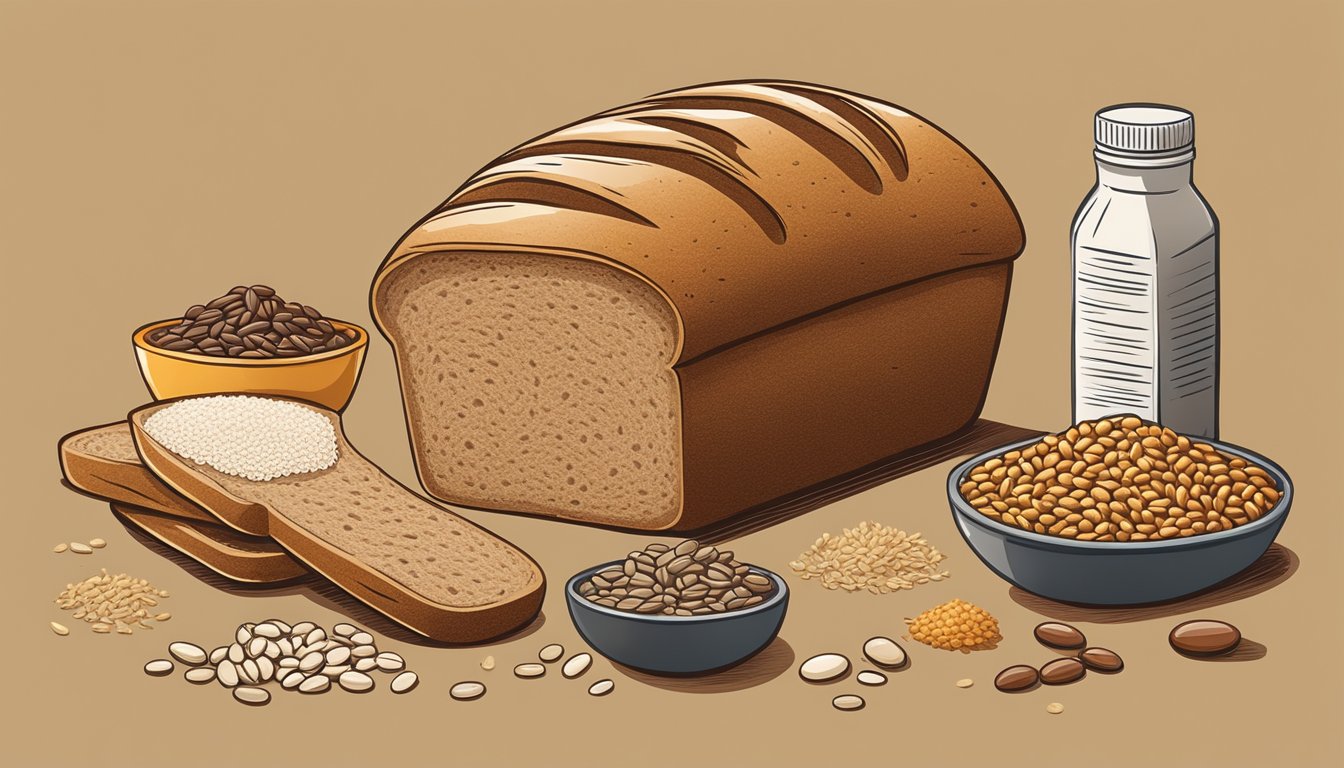 A loaf of rye bread surrounded by whole rye grains and a variety of digestive health supplements