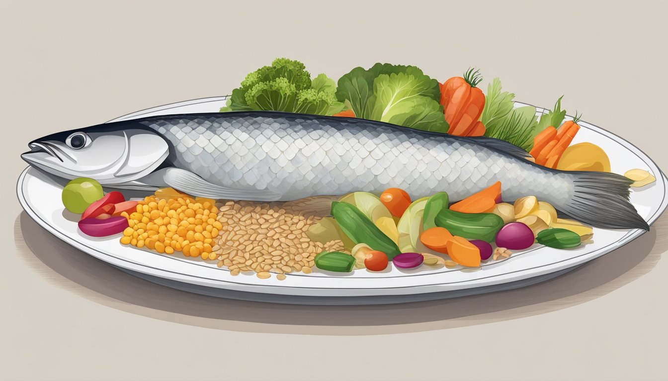 A plate with sablefish, colorful vegetables, and whole grains, surrounded by a measuring tape and blood sugar monitor