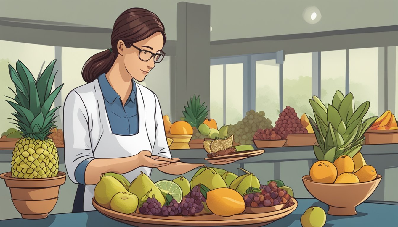 A dietician holding a plate with a variety of fruits, including salak snake fruit, while explaining to a group of people with diabetes