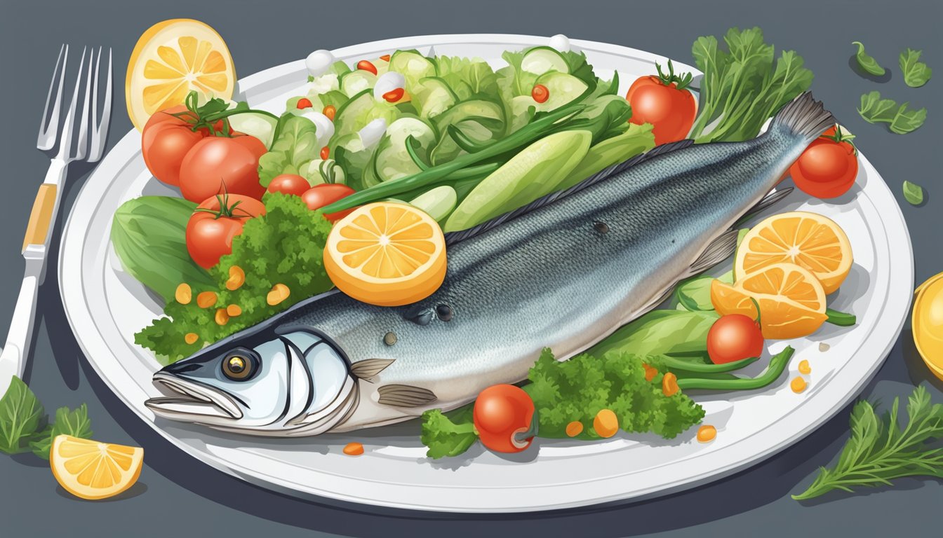 A plate of grilled sea bass surrounded by fresh vegetables and a warning symbol for diabetics