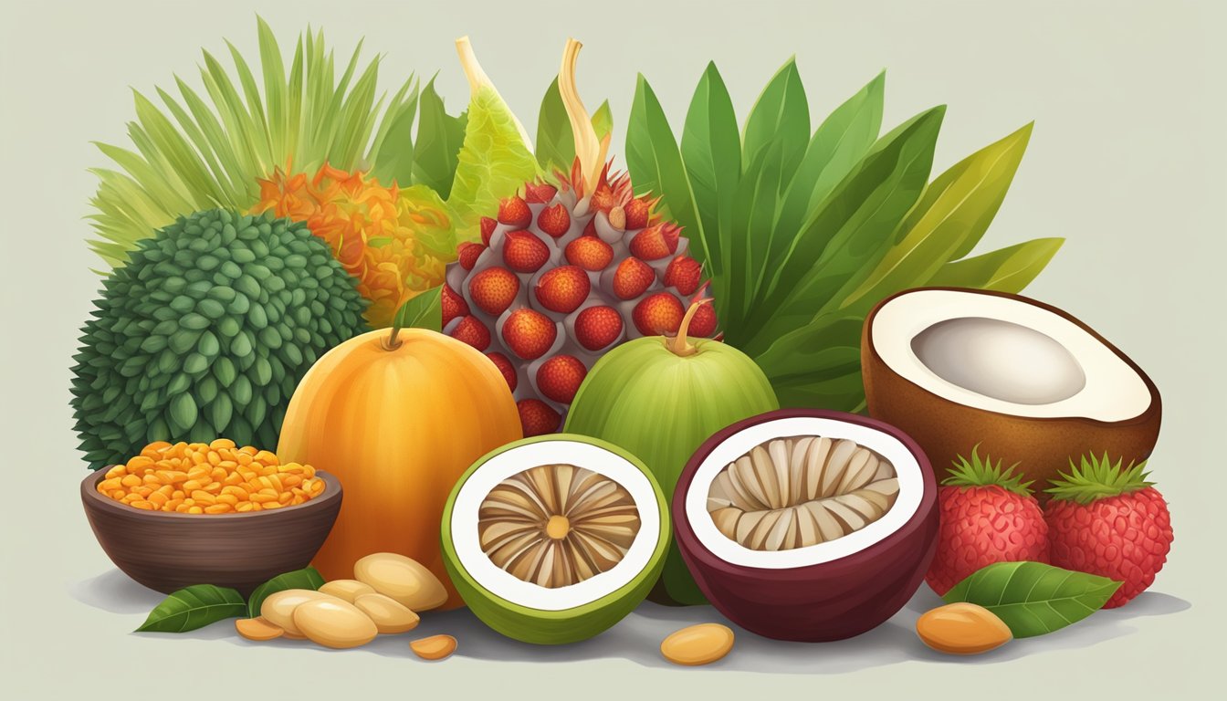 A colorful illustration of salak fruit surrounded by a variety of healthy food items, with a focus on its nutritional content and a diabetic-friendly label