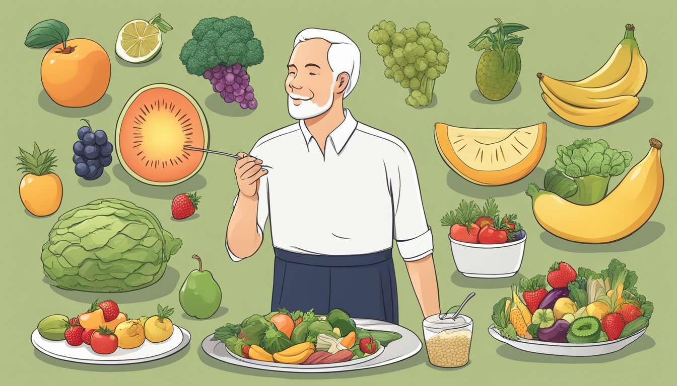 A diabetic person enjoying a variety of foods, including fruits, vegetables, and whole grains, while avoiding sugary and high-carb snacks like salmiakki