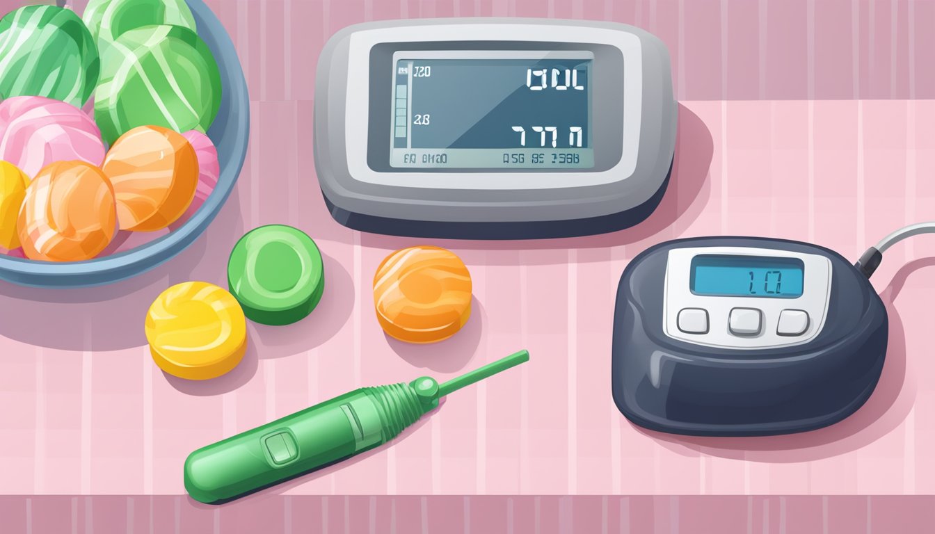 A bowl of salmiakki candy next to a blood sugar monitor showing a high reading