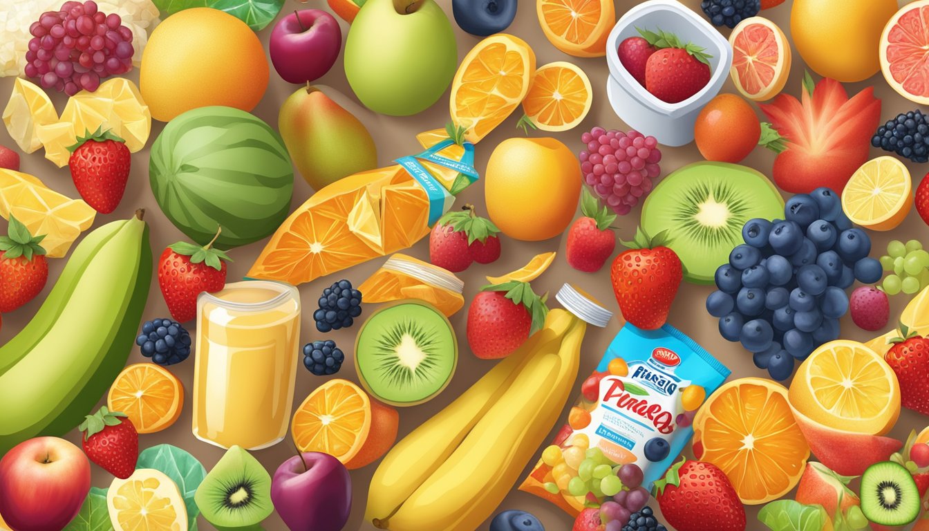 A colorful array of fresh whole fruits contrasted with packaged processed snacks, with a focus on sugar content and nutritional value