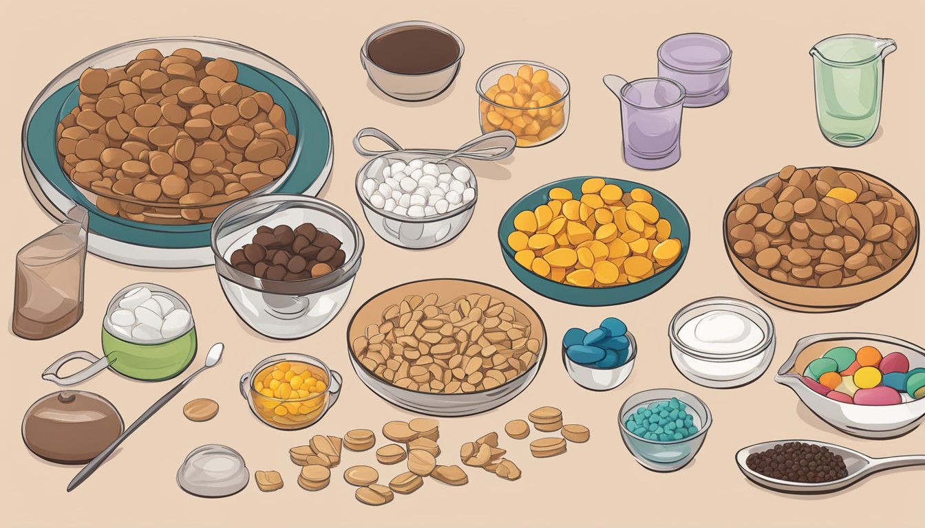 A table with various portion sizes of salmiakki candy, alongside measuring cups and a diabetic-friendly snack guide