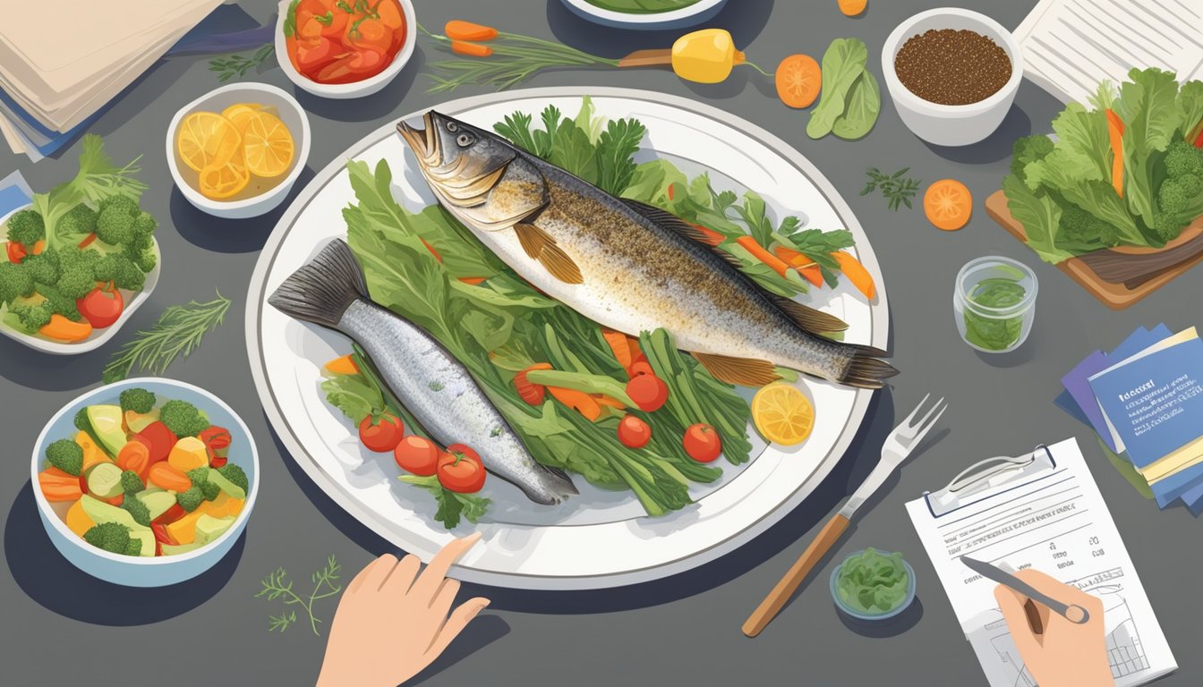 A dietician presenting a plate of grilled sea bass with a variety of colorful vegetables and herbs, surrounded by informational pamphlets and charts about diabetes and nutrition