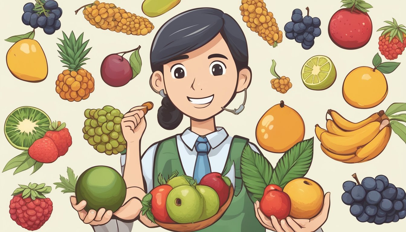 A diabetic person holding a ripe salak fruit, with a question mark above their head, surrounded by various fruits and a medical chart