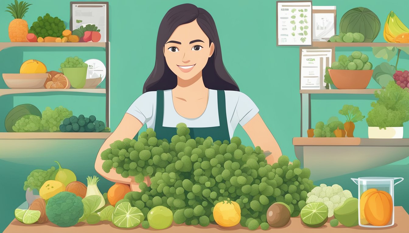 A dietician holding a bunch of sea grapes, surrounded by various fruits, vegetables, and nutritional charts