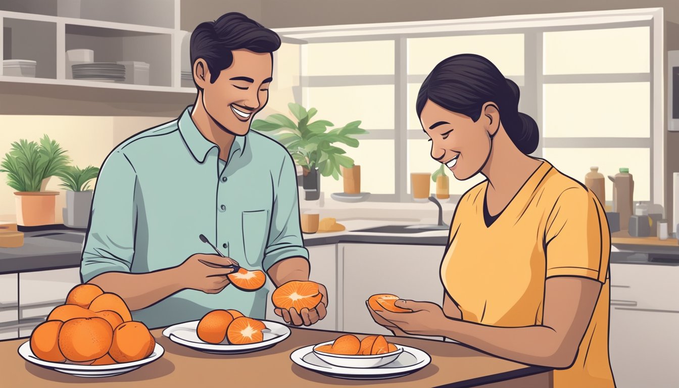 A diabetic person happily eating a plate of sliced santol fruit, with a nutritionist explaining its effects on blood sugar levels