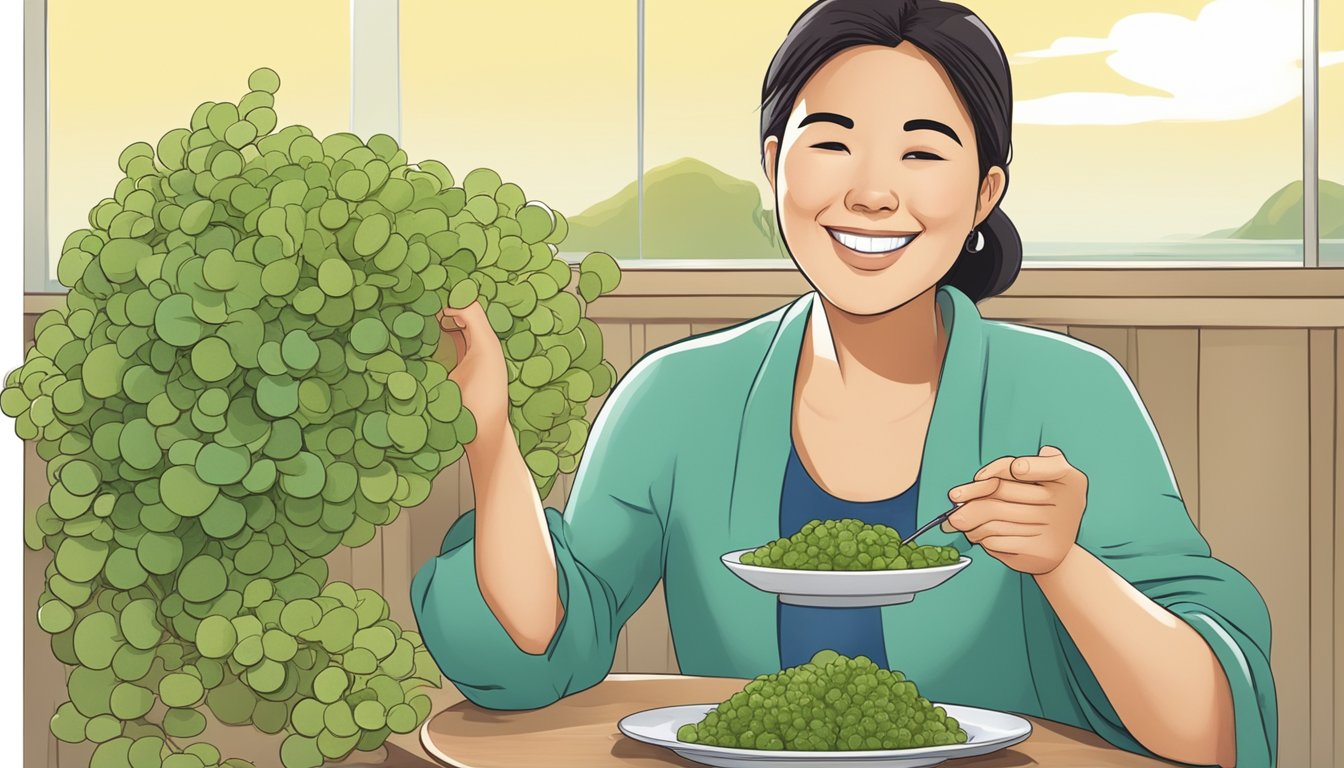 A diabetic person enjoying a plate of sea grapes with a satisfied expression