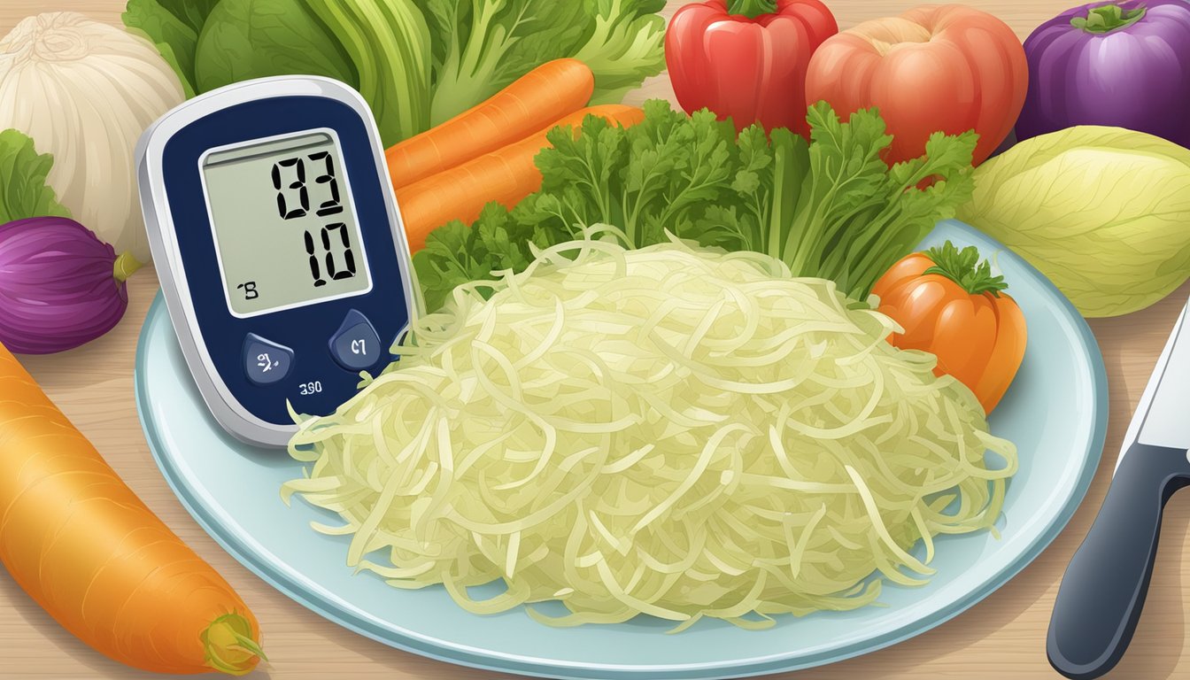 A plate of sauerkraut surrounded by colorful vegetables, a measuring tape, and a blood glucose monitor