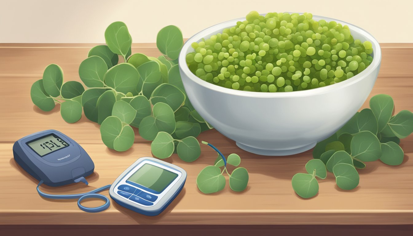 A bowl of sea grapes sits next to a plate of diabetic-friendly foods, with a measuring tape and blood sugar monitor nearby