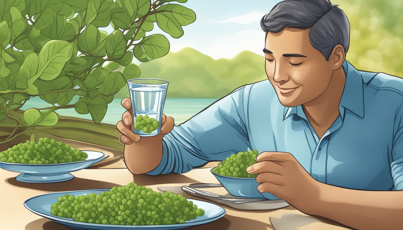 A diabetic enjoying a plate of sea grapes alongside a balanced meal and a glass of water