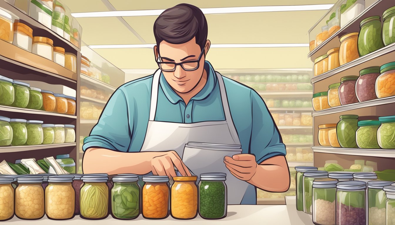 A diabetic person cautiously inspecting a jar of sauerkraut while reading the nutritional information label