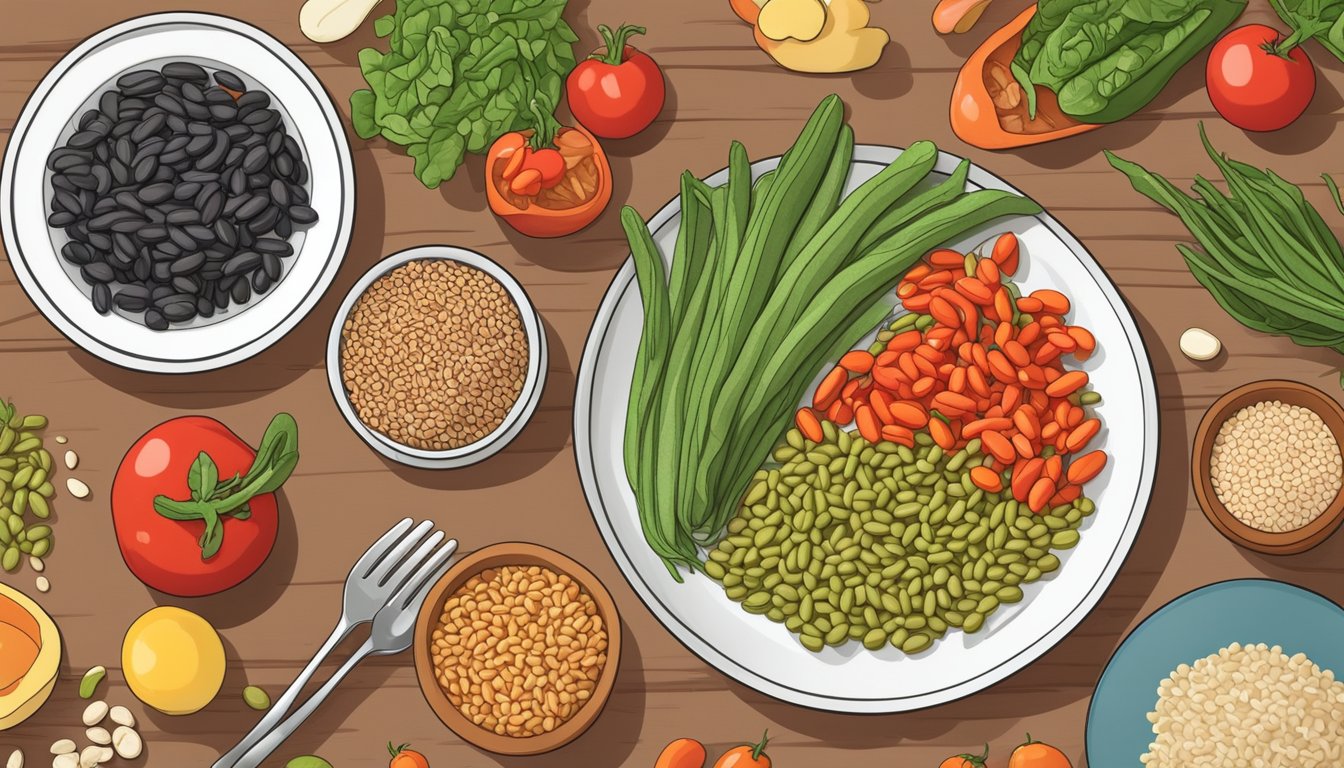 A colorful plate of scarlet runner beans, surrounded by fresh vegetables and whole grains, with a diabetes-friendly meal plan in the background