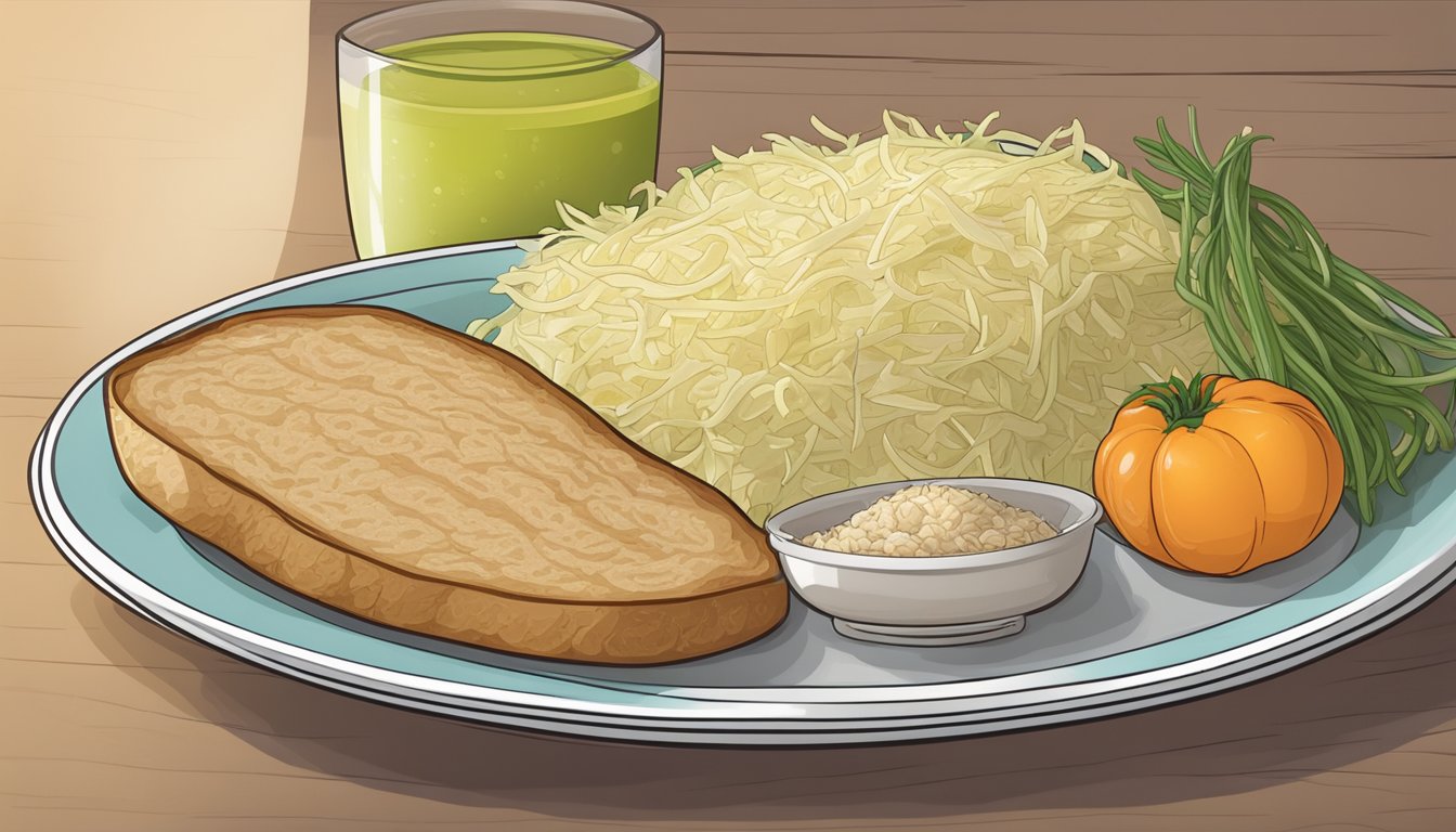 A plate of sauerkraut being served alongside a balanced diabetic-friendly meal, including lean protein, vegetables, and whole grains